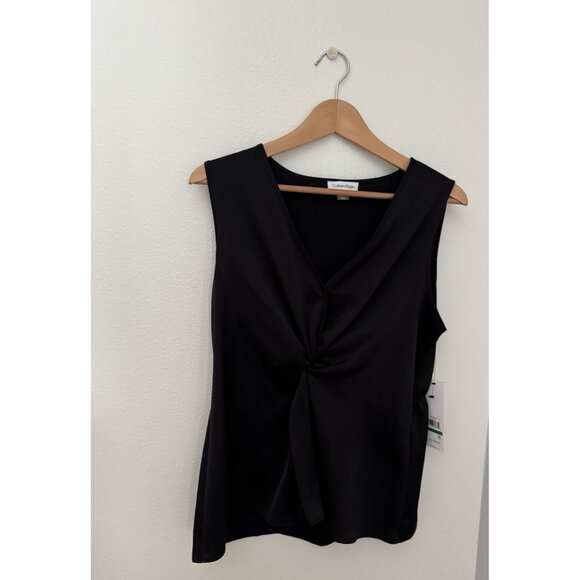 NWT Calvin Klein Twisted Surplice Top Blouse Black Career  Sleeveless VNeck Sz L - Picture 2 of 4
